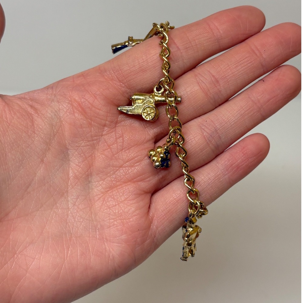 Vintage Gold Tone Military Charm Bracelet Cannon Rifle Soldier Drum 6 Inch